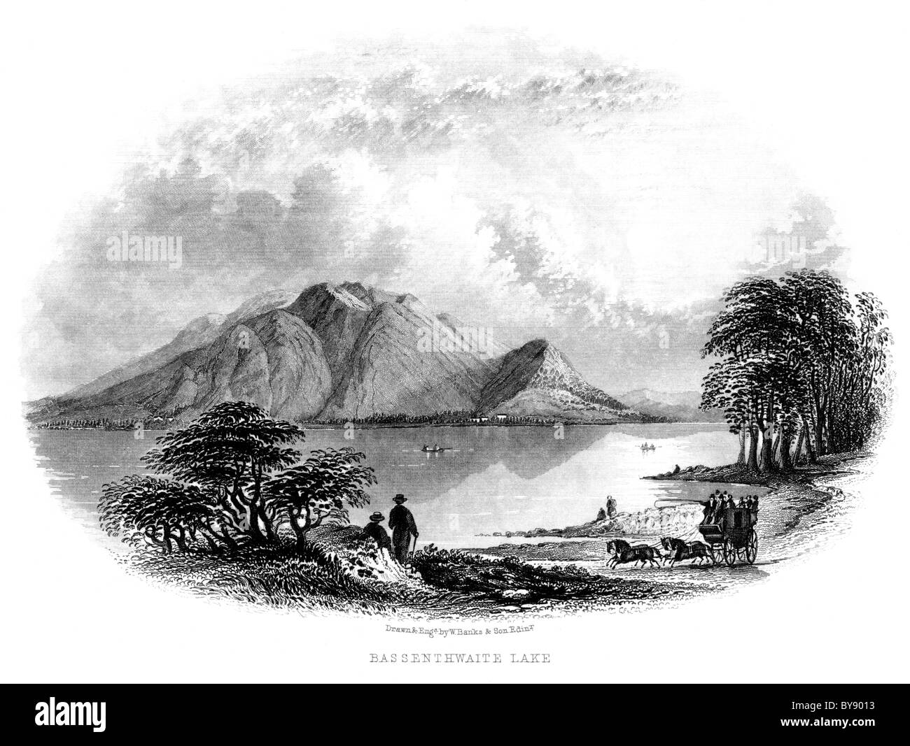 Una incisione intitolata Bassenthwaite Lake scansionati ad alta risoluzione da un libro circa il Distretto del Lago pubblicato pre 1864 Foto Stock