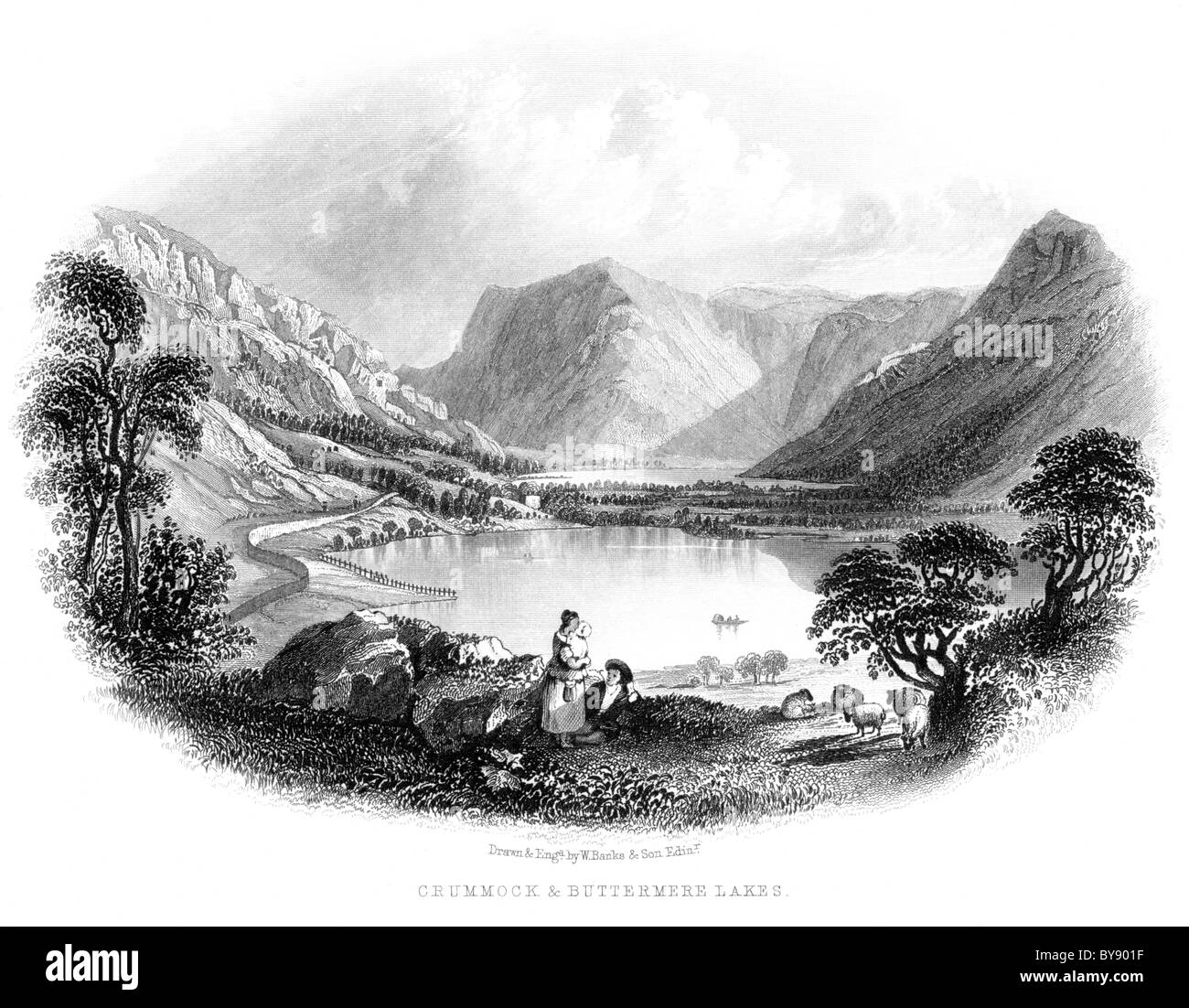 Un'incisione intitolata Crummock & Buttermere Lakes scansionata ad alta risoluzione da un libro precedente al 1864 sul Lake District. Creduto libero da copyright. Foto Stock