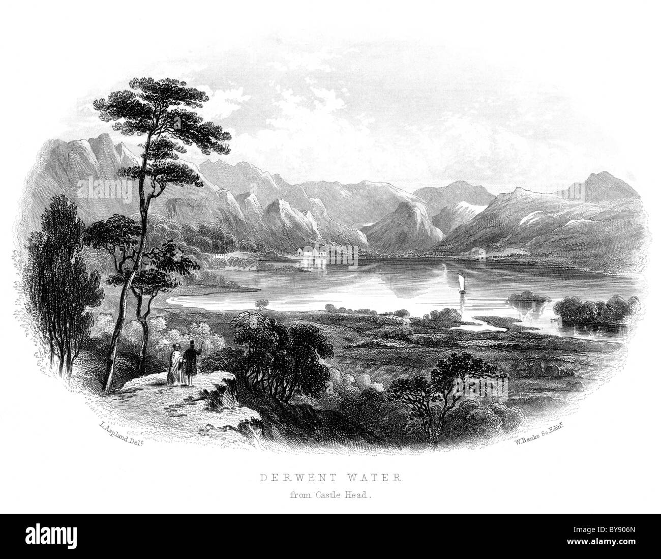 Una incisione intitolata Derwent Water dal castello di scansione di testa ad alta risoluzione da una pre 1864 prenota circa il Distretto del Lago Foto Stock