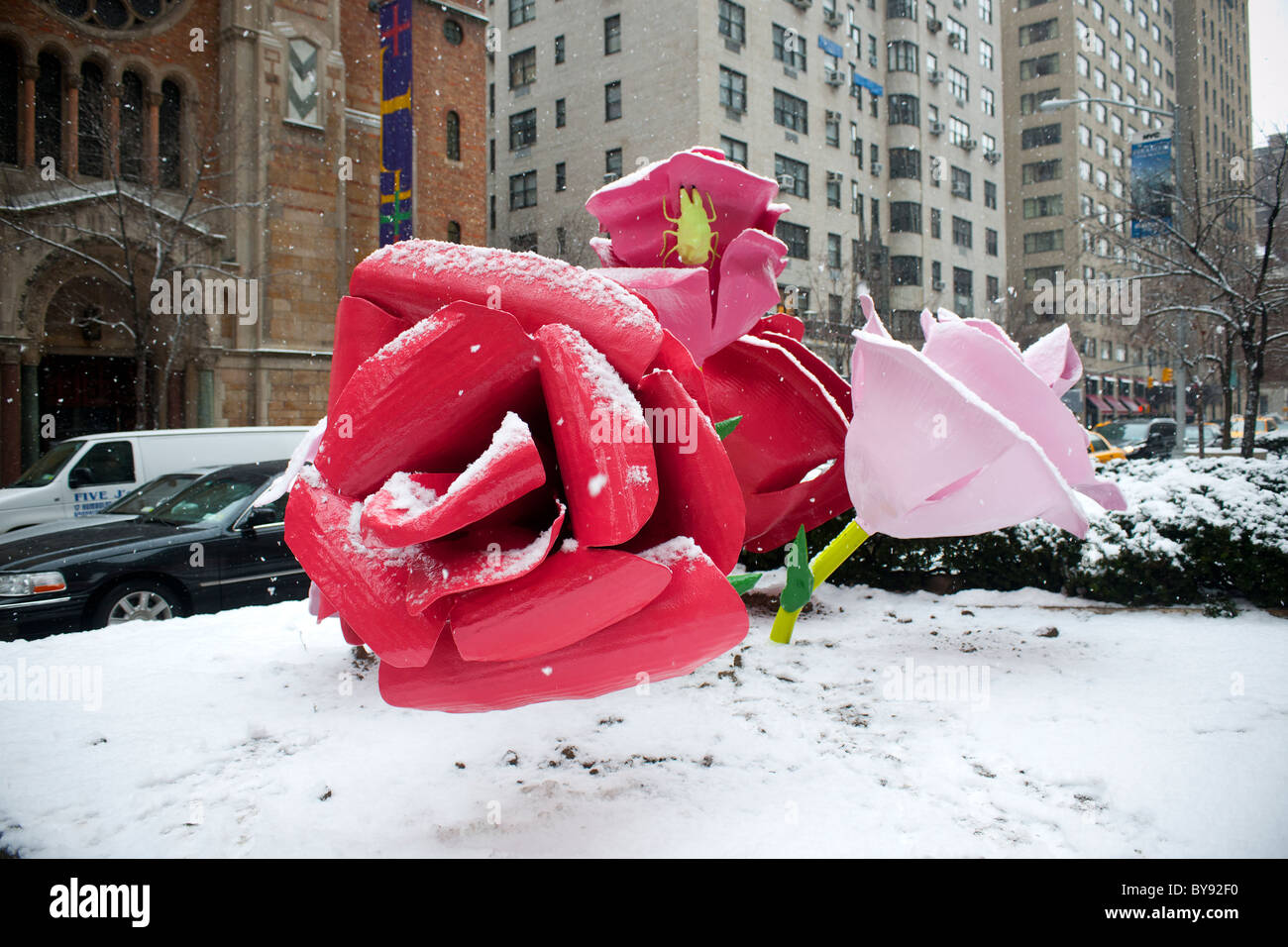 "Rose' dell'artista Ryman è visto su un snowy Martedì, 25 gennaio 2011 installato su Park Avenue mediane in New York Foto Stock