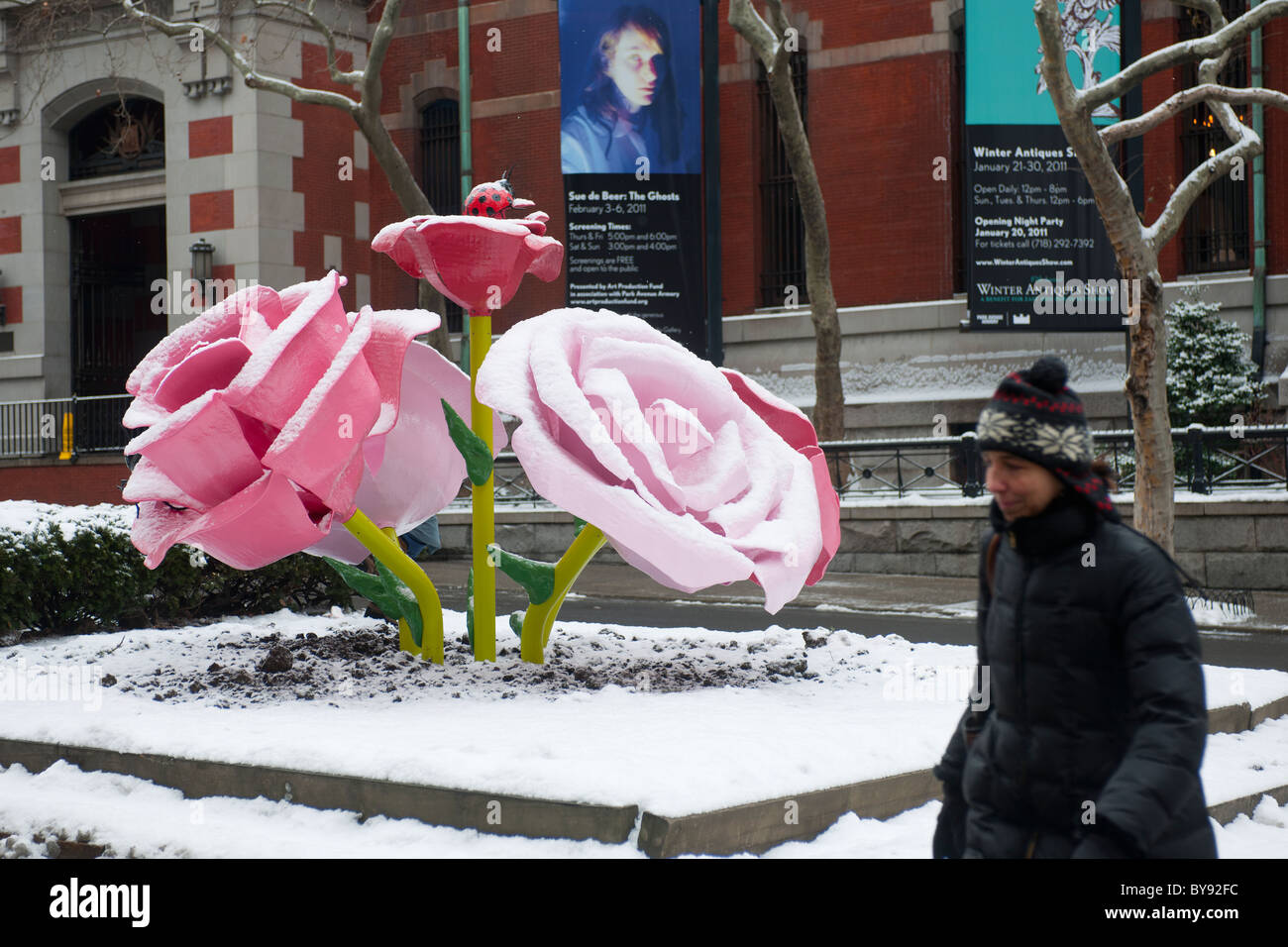 "Rose' dell'artista Ryman è visto su un snowy Martedì, 25 gennaio 2011 installato su Park Avenue mediane in New York Foto Stock