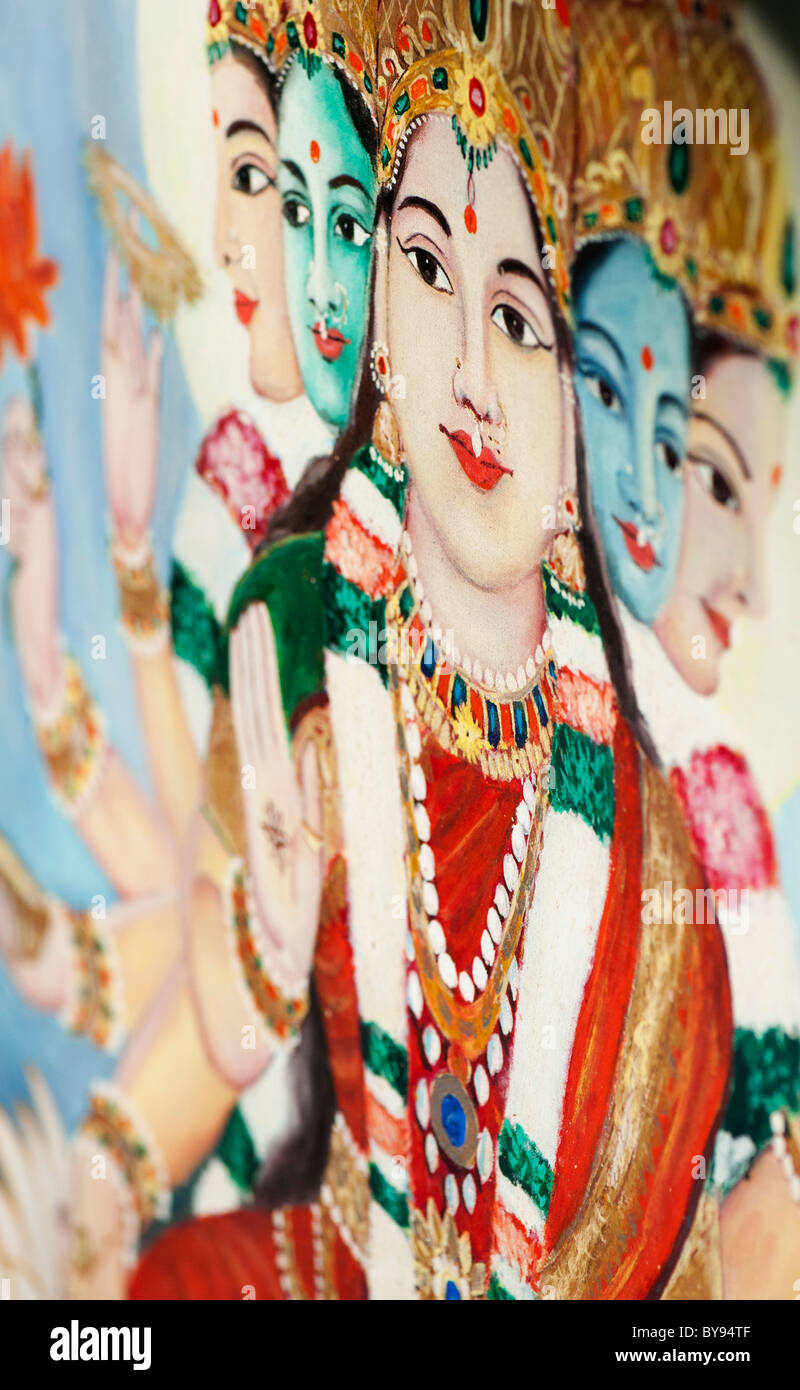 Dea indù Gayatri raffigurato su una pittura indiana. Andhra Pradesh, India. DOF poco profondo Foto Stock