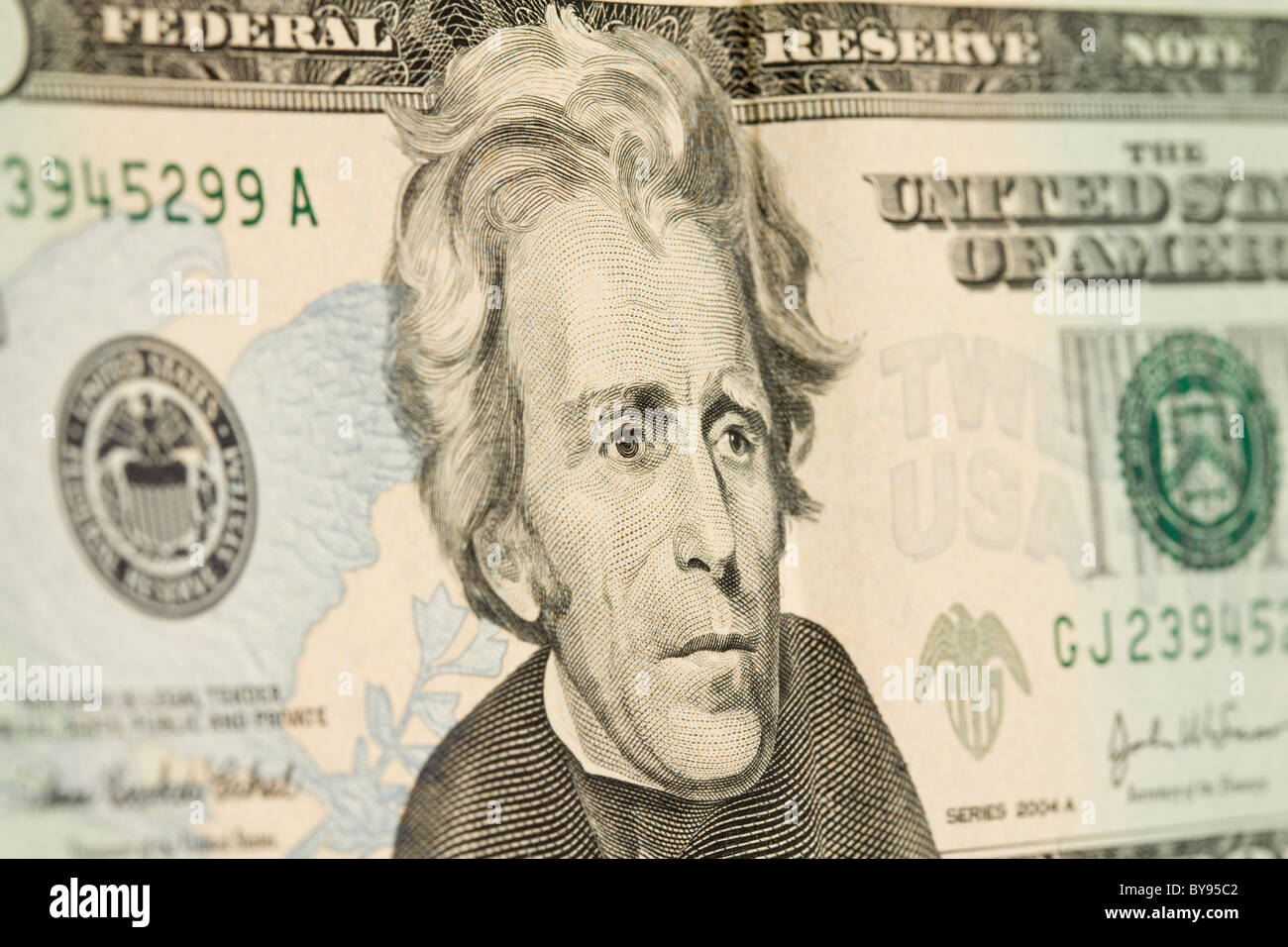 Abstract closeup di $20 bill in moneta americana Foto Stock