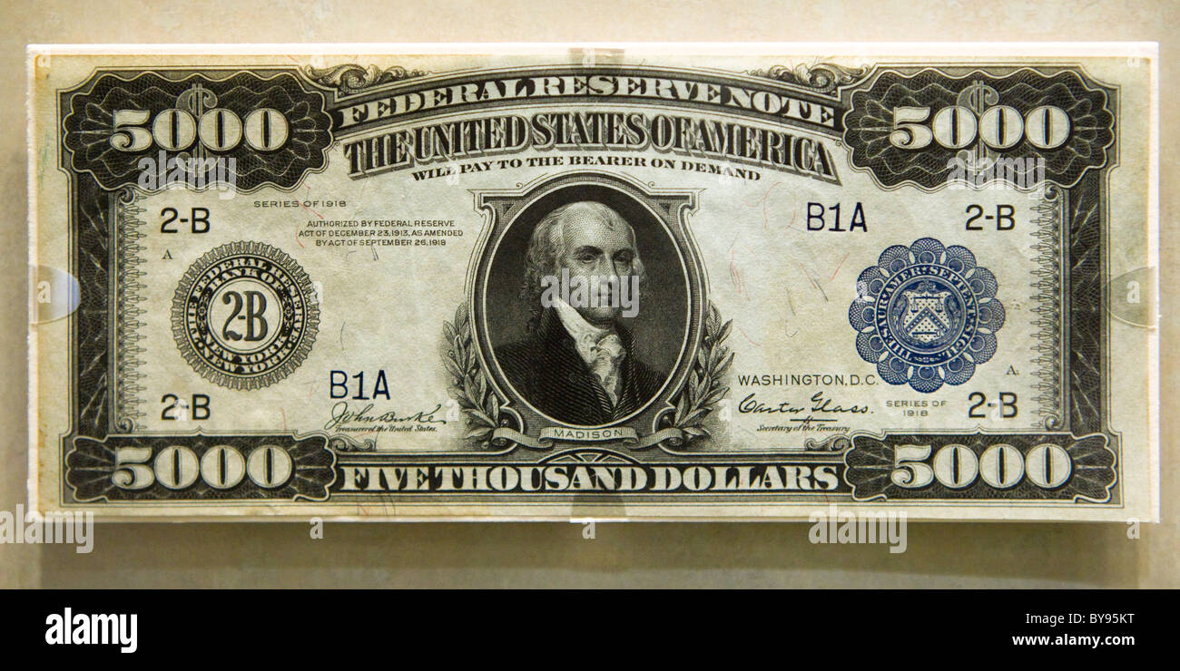 Vista complementare di rara 1934 $5000 US Federal Reserve nota Foto Stock