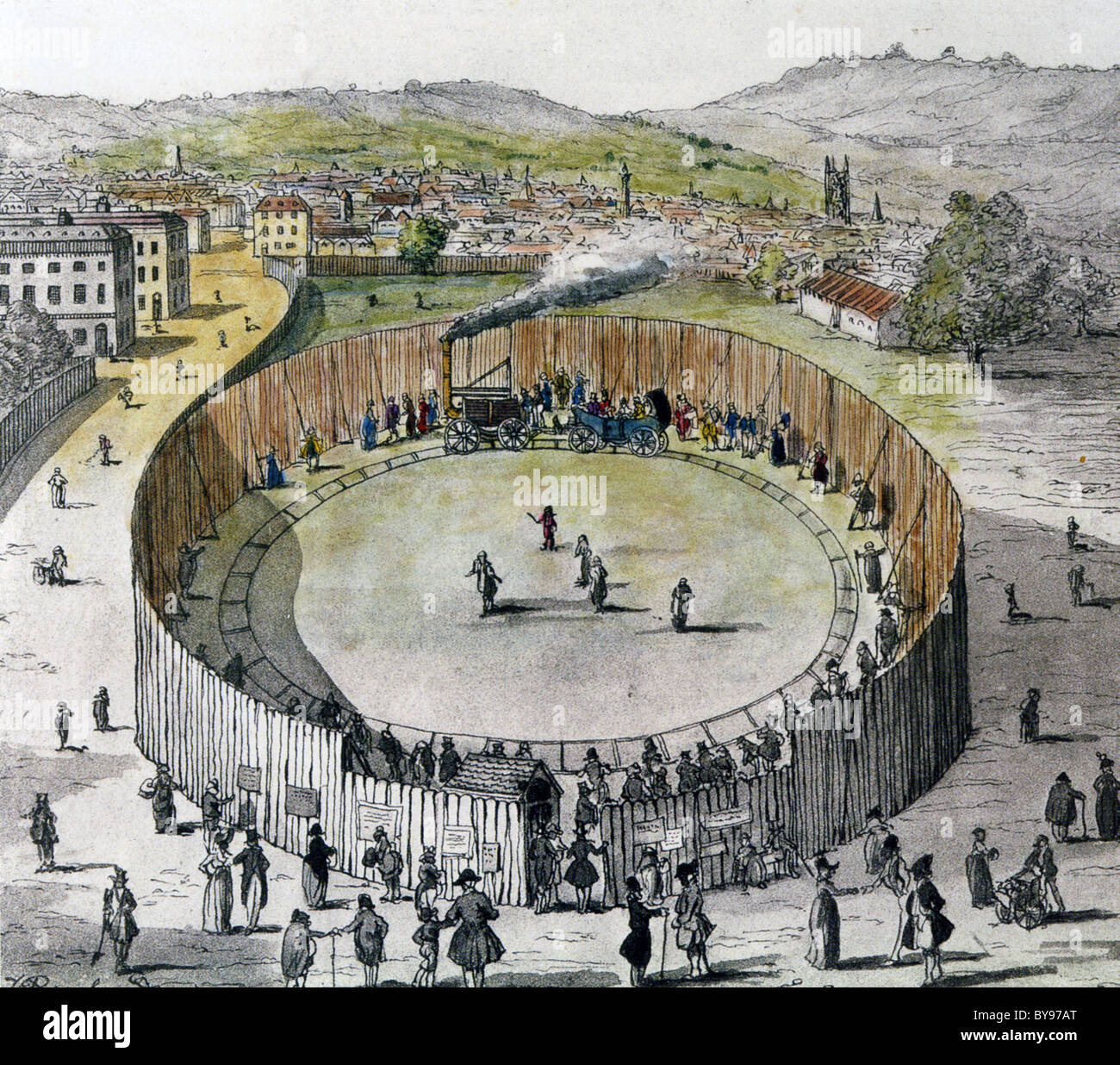 RICHARD TREVITHICK del Circo a vapore con la sua locomotiva 'catch me chi può' circa 1808 su un sito in quello che è oggi il quartiere di Bloomsbury, Londra Foto Stock
