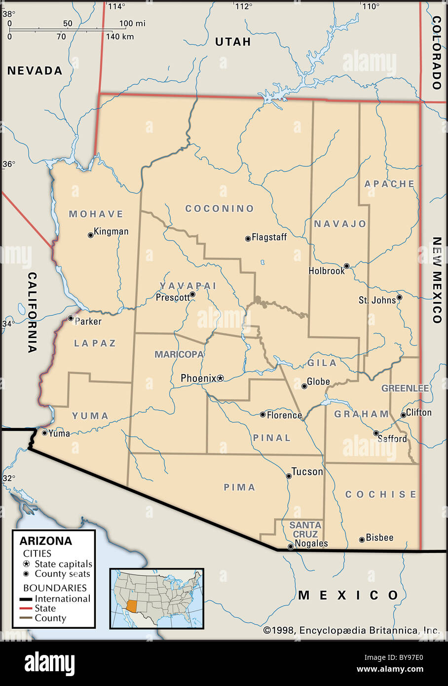 Mappa Politico di Arizona Foto Stock