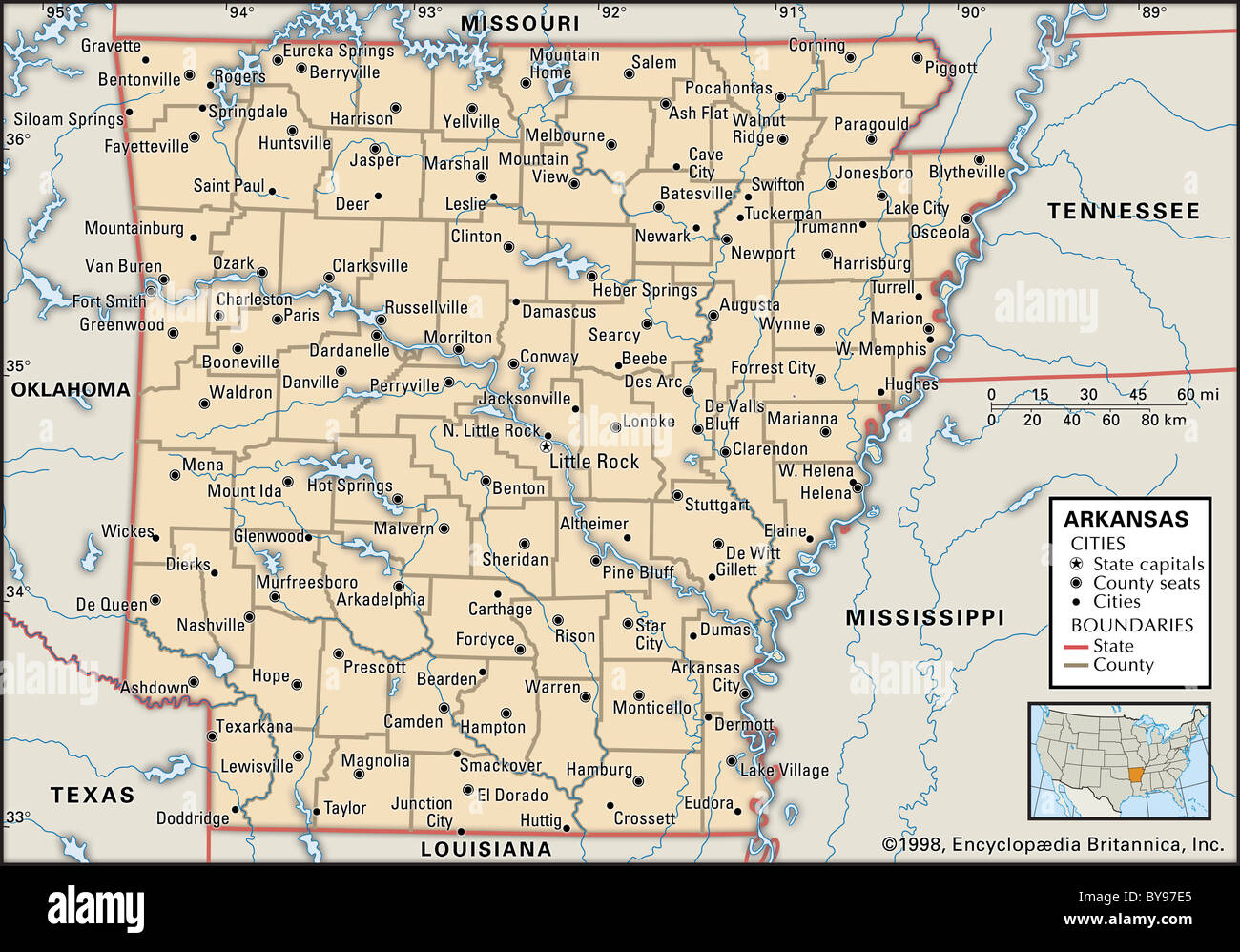 Mappa Politico di Arkansas Foto Stock