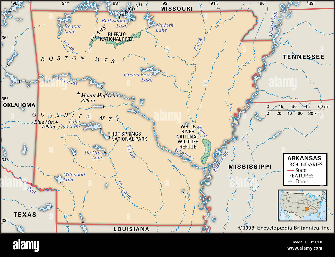 Cartina Fisica della Arkansas Foto Stock