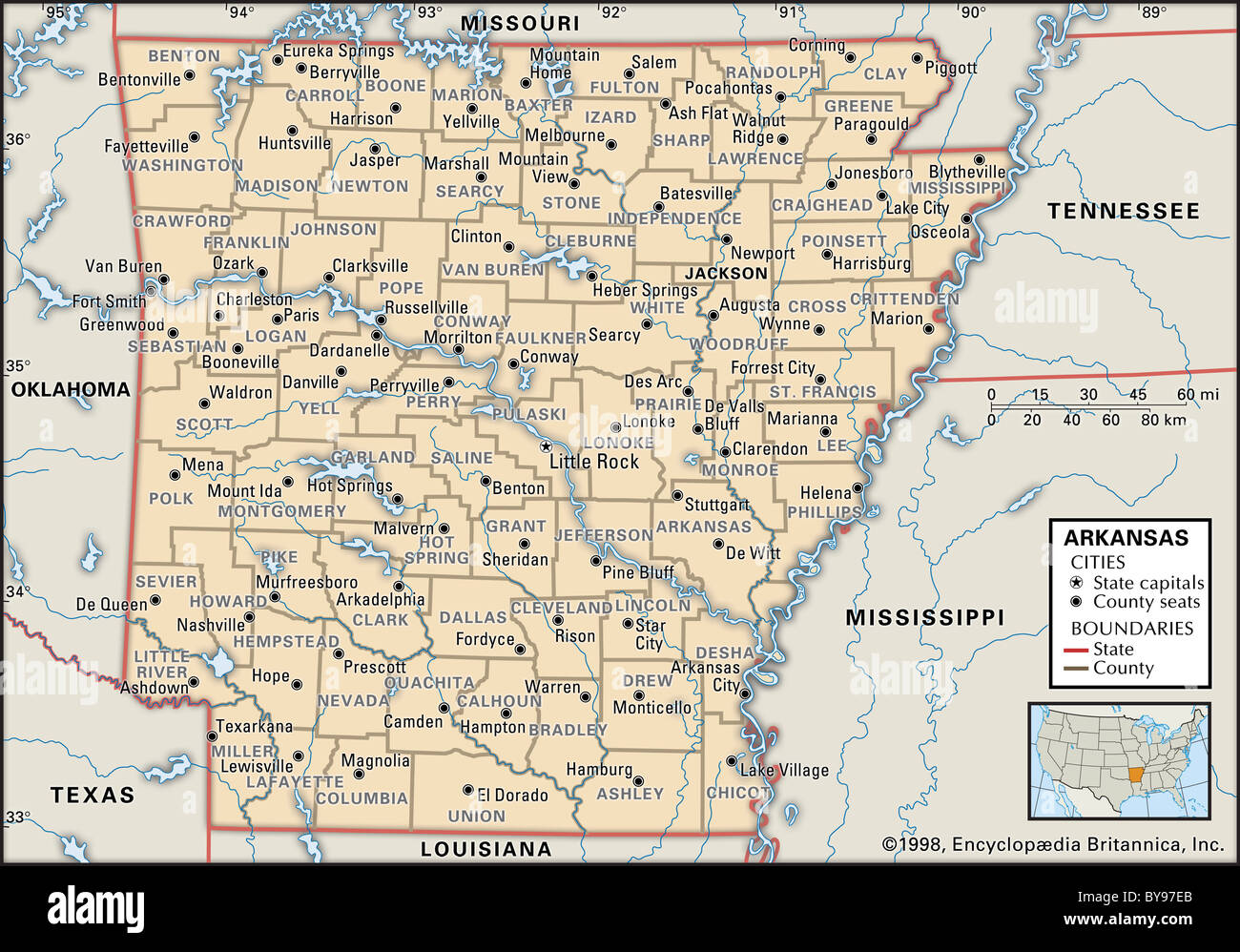 Mappa Politico di Arkansas Foto Stock
