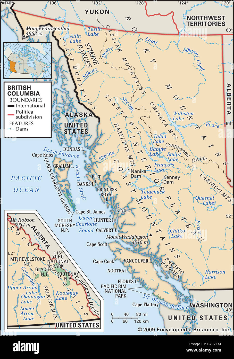 Cartina Fisica della Columbia Britannica Foto Stock