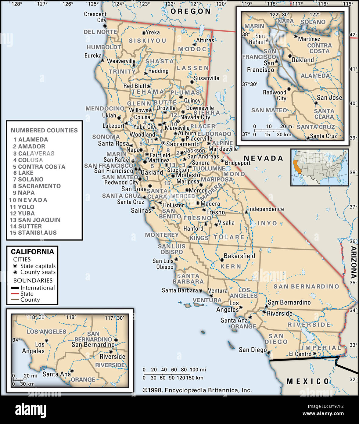 Mappa Politico della California Foto Stock