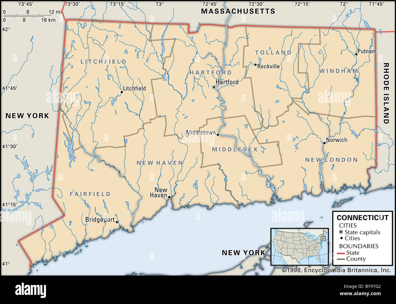 Mappa politico del Connecticut Foto Stock