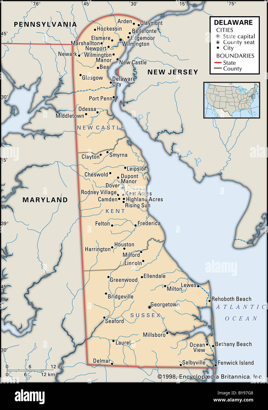Mappa politico del Delaware Foto Stock