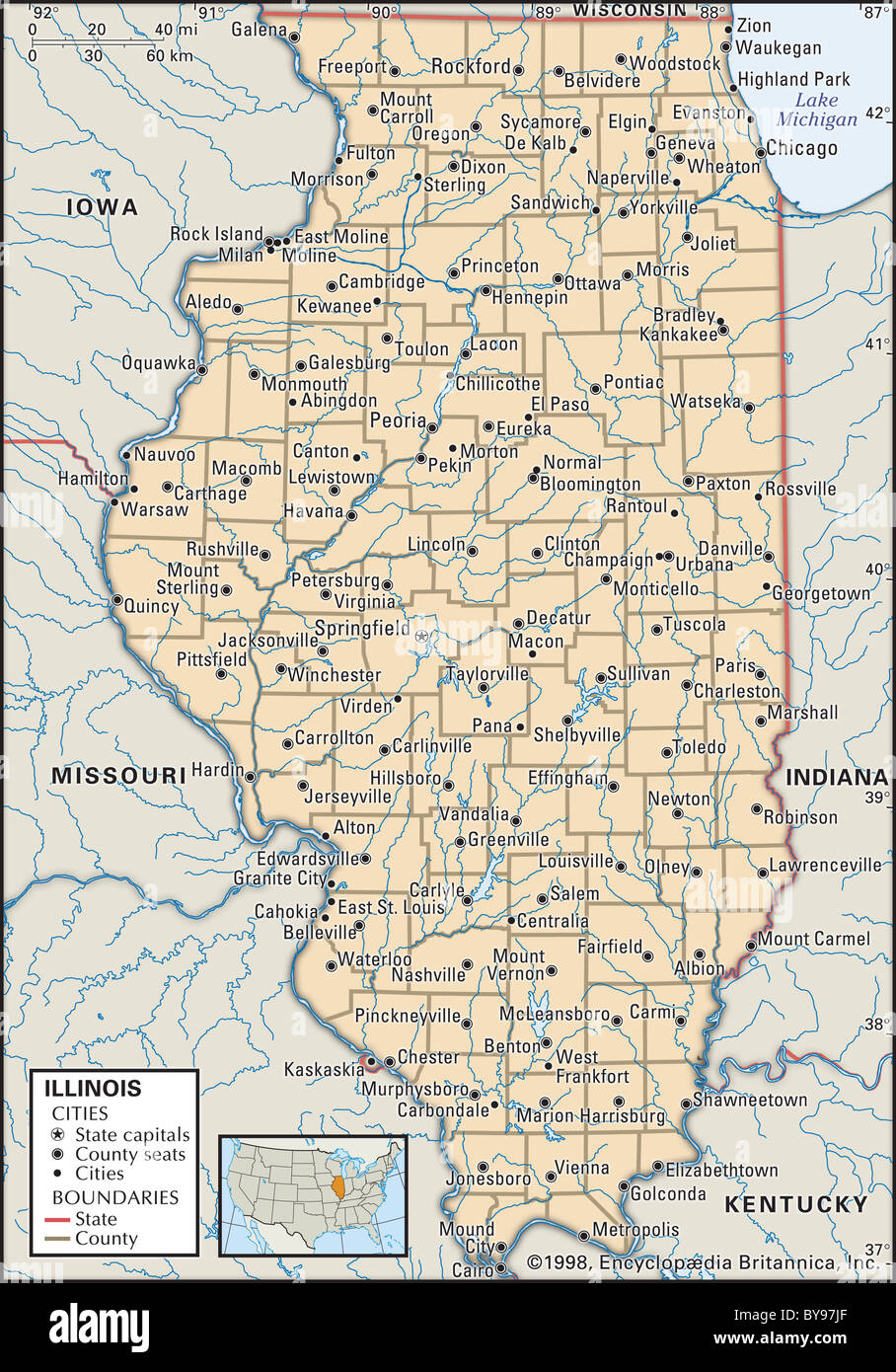 Mappa politica dell'Illinois Foto Stock