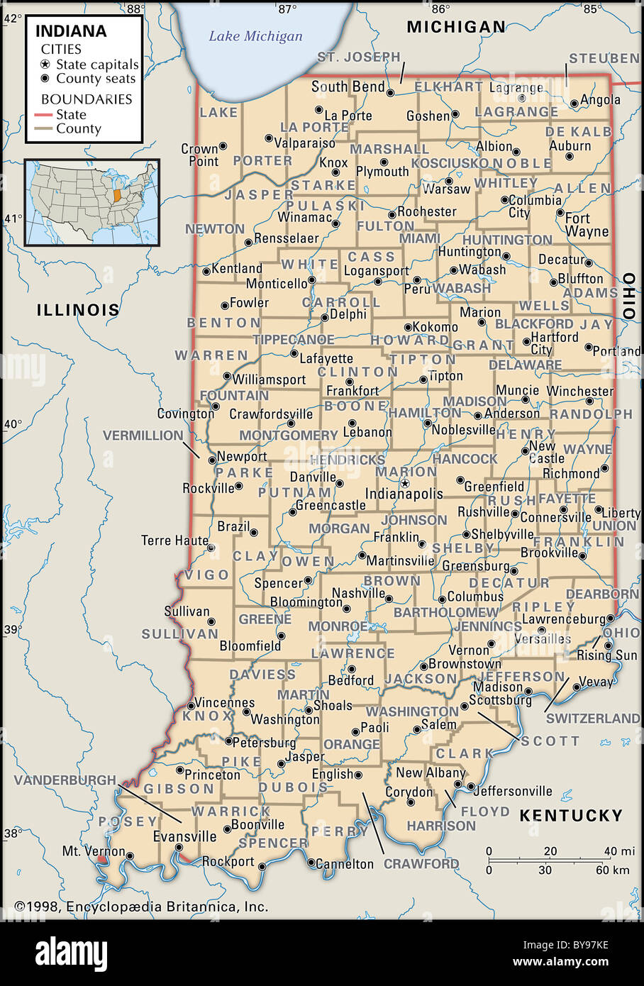 Mappa politica dell'Indiana Foto Stock