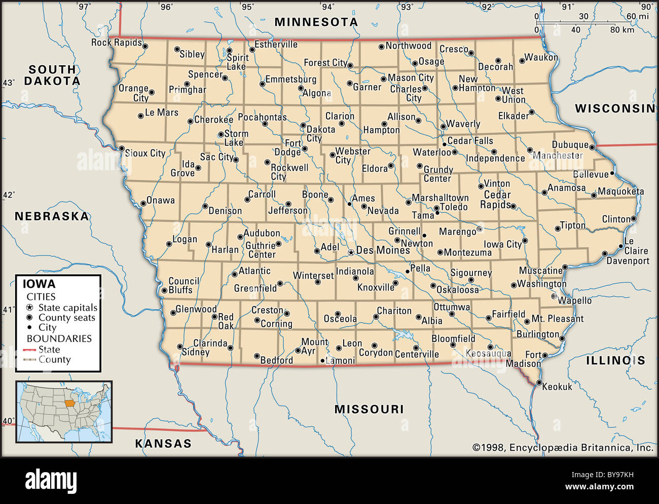 Mappa Politico di Iowa Foto Stock