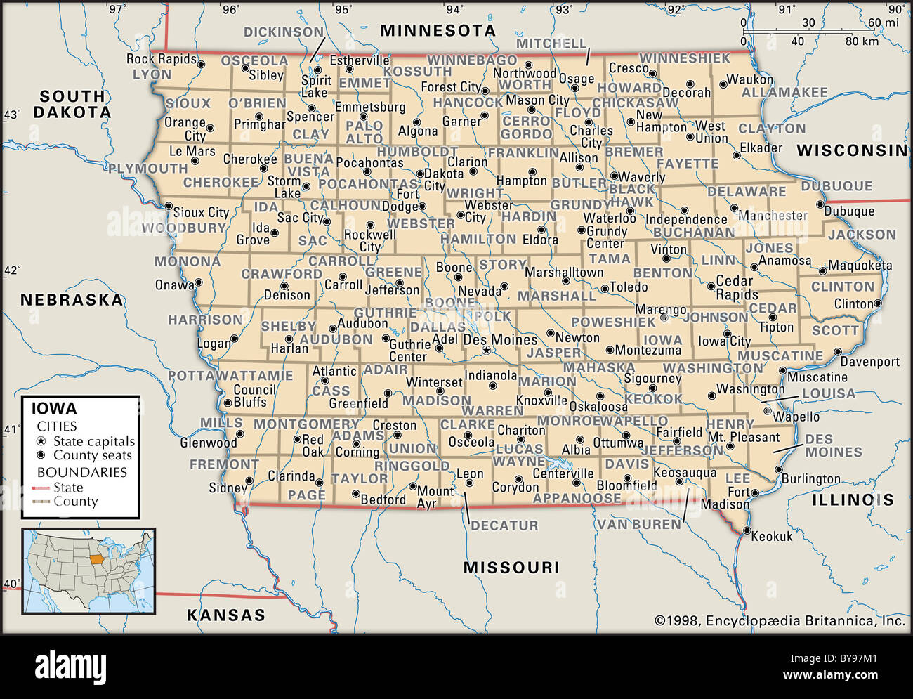 Mappa Politico di Iowa Foto Stock