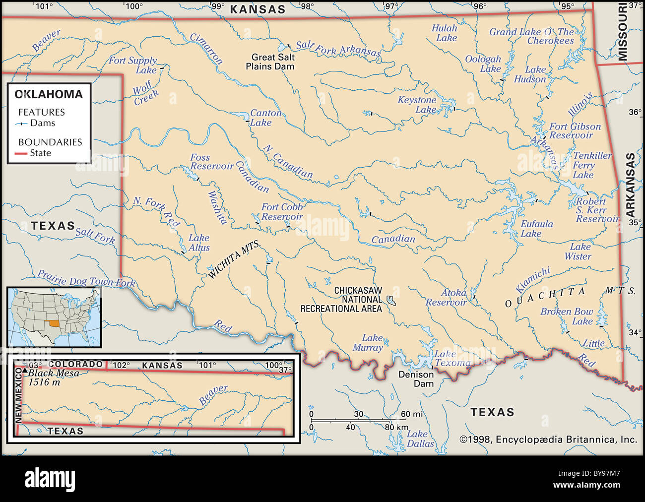 Cartina Fisica della Oklahoma Foto Stock