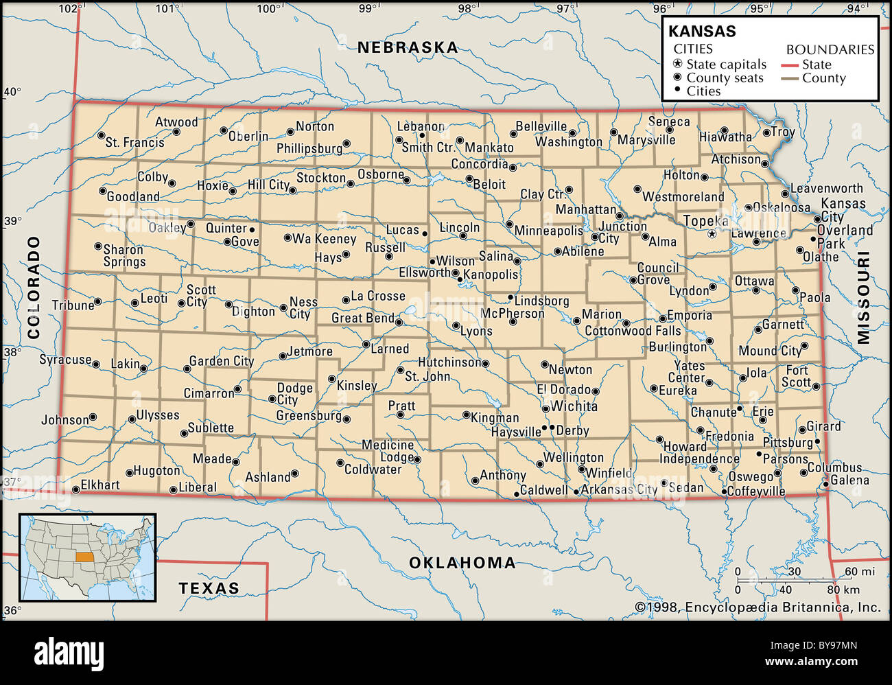 Mappa politico del Kansas Foto Stock