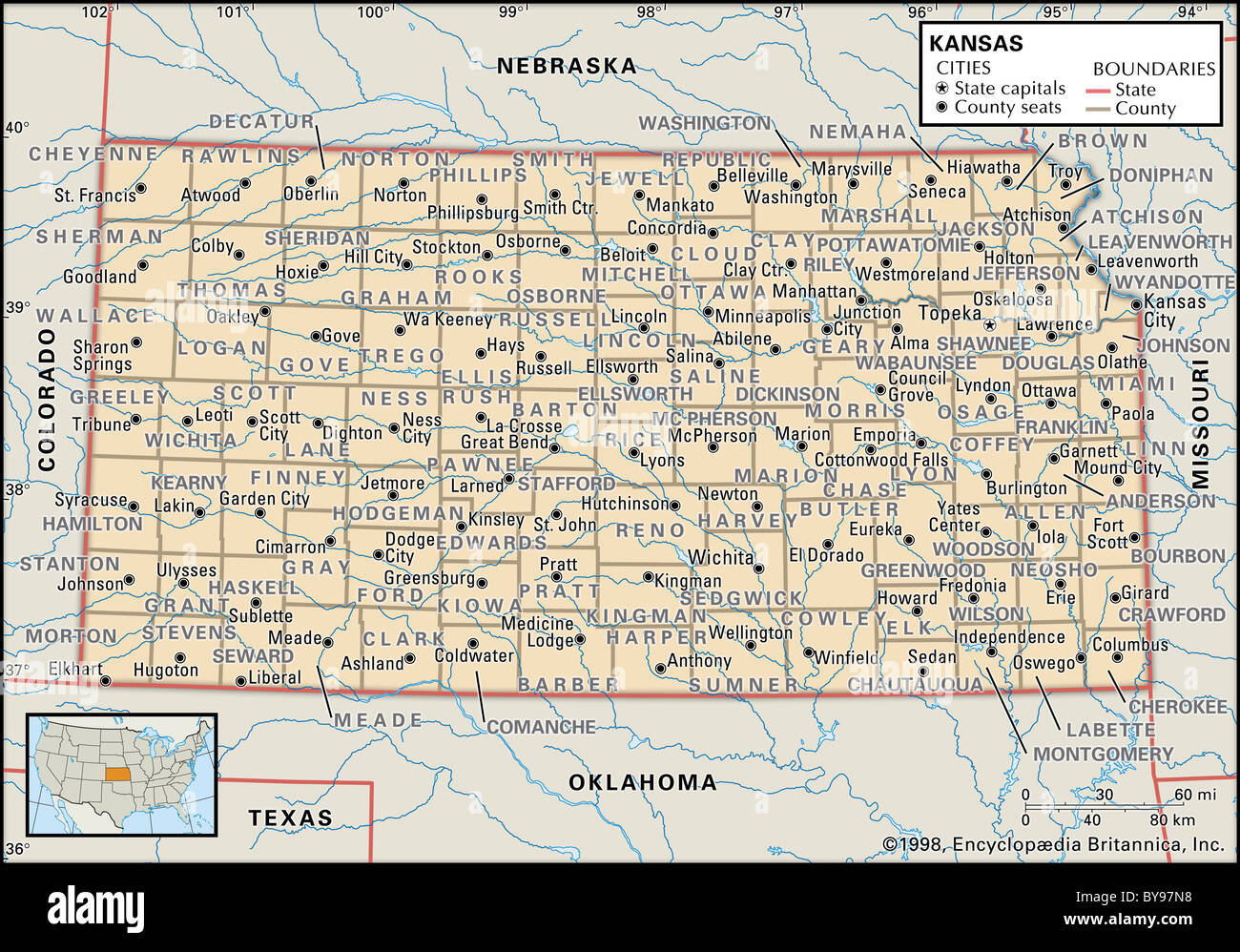 Mappa politico del Kansas Foto Stock