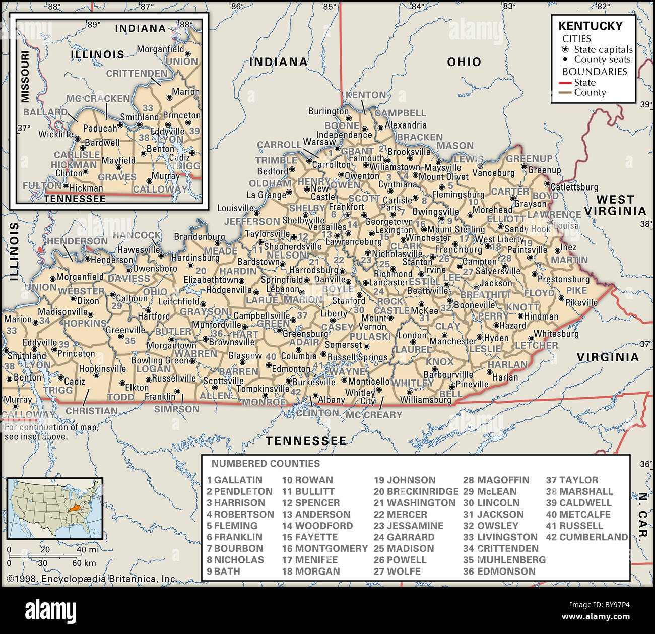 Mappa politico del Kentucky Foto Stock