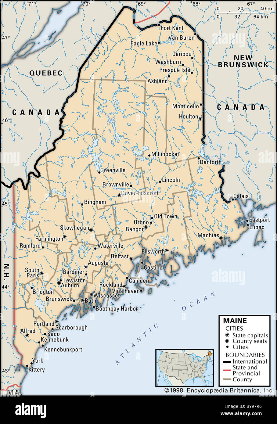 Mappa politico del Maine Foto Stock