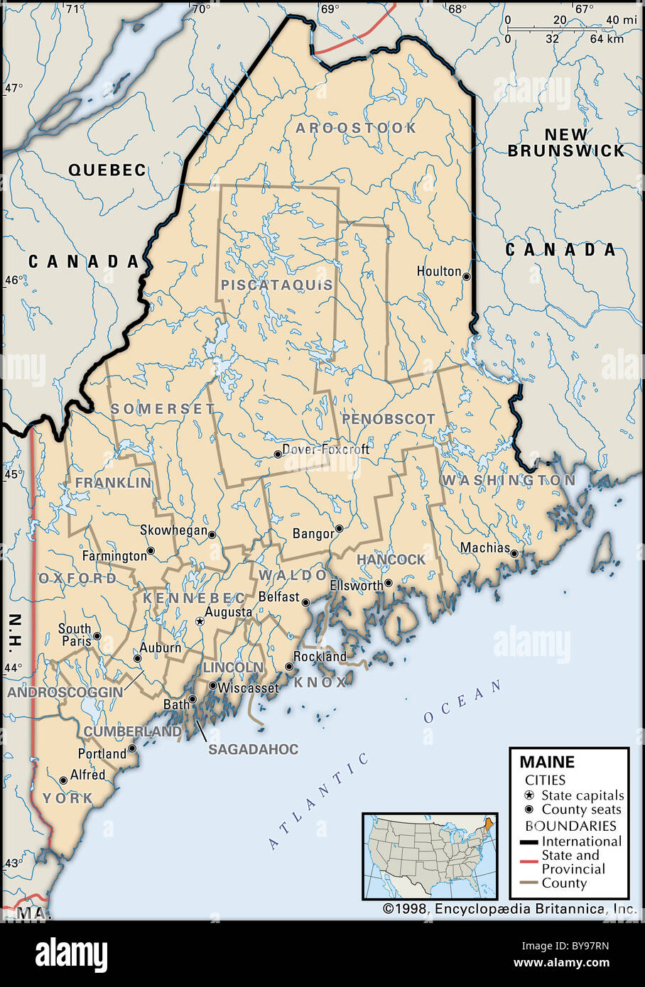 Mappa politico del Maine Foto Stock