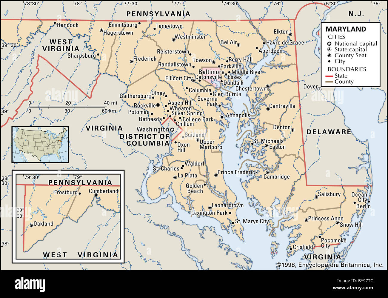 Mappa politico del Maryland Foto Stock
