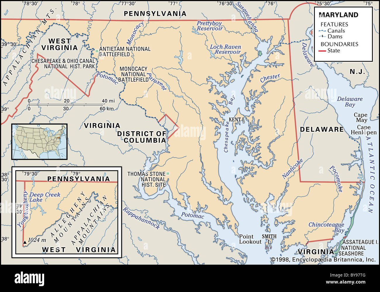 Cartina Fisica del Maryland Foto Stock