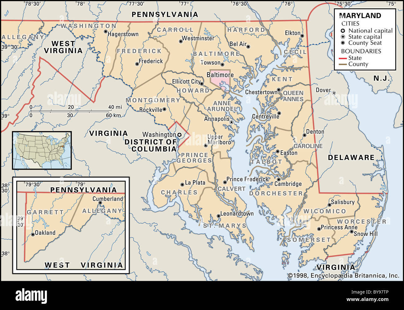 Mappa politico del Maryland Foto Stock