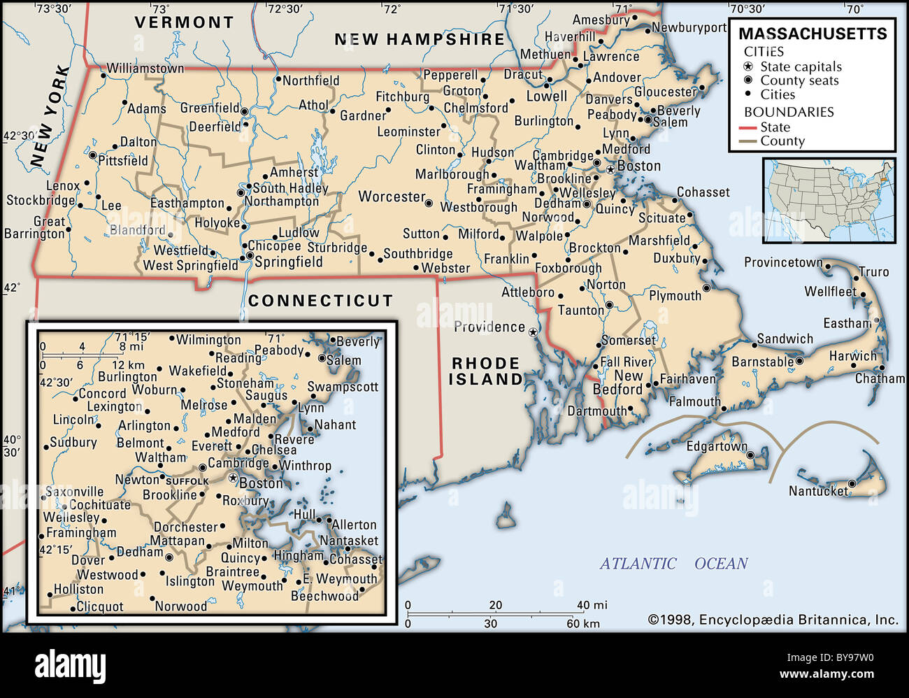 Mappa politica del Massachusetts Foto Stock