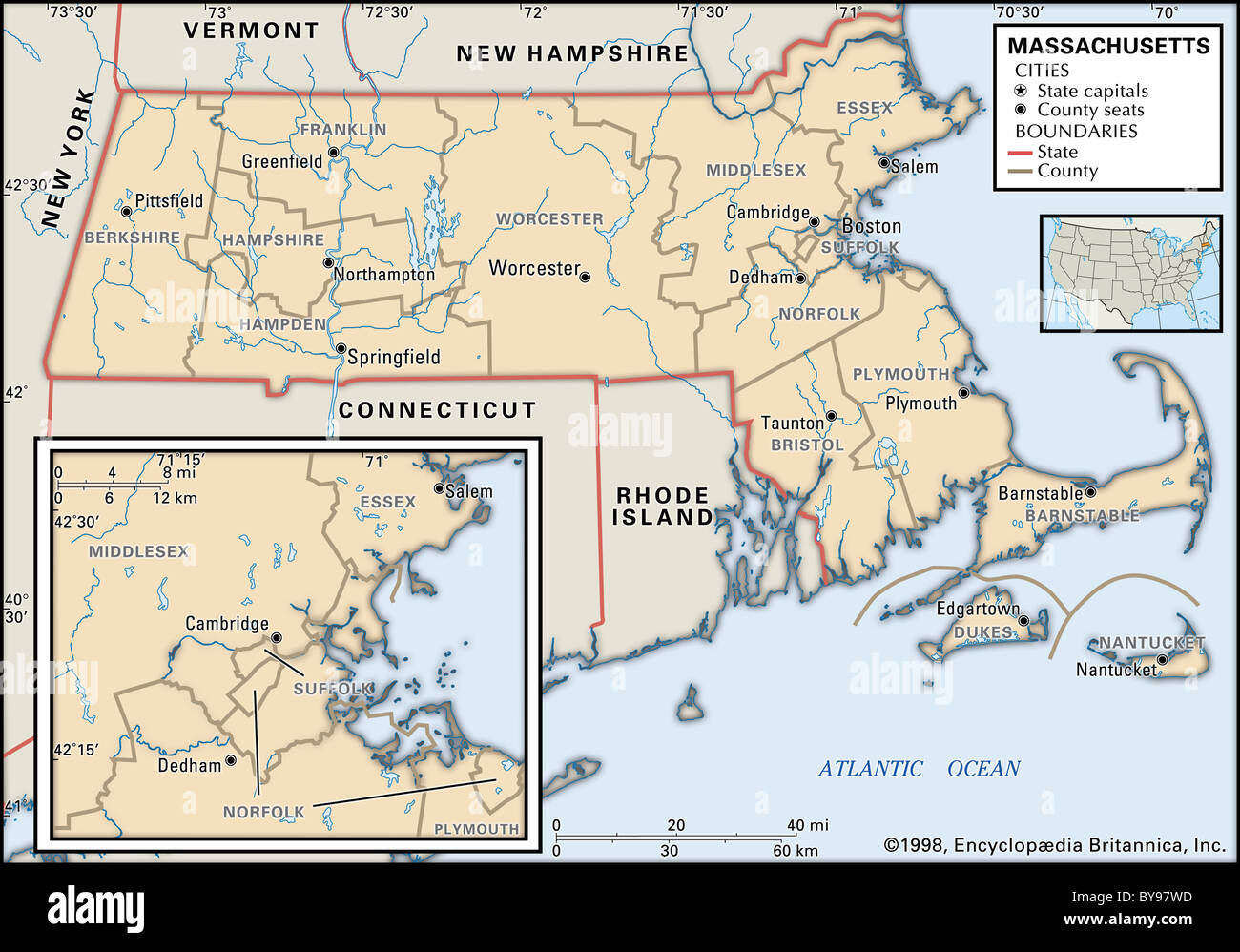 Mappa politica del Massachusetts Foto Stock