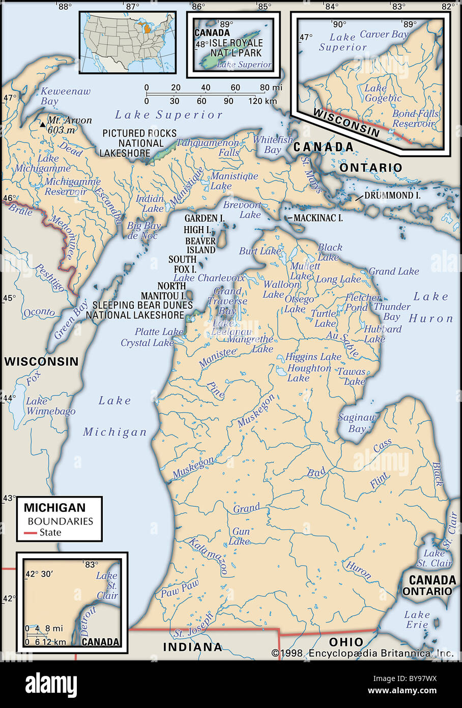 Cartina Fisica del Michigan Foto Stock