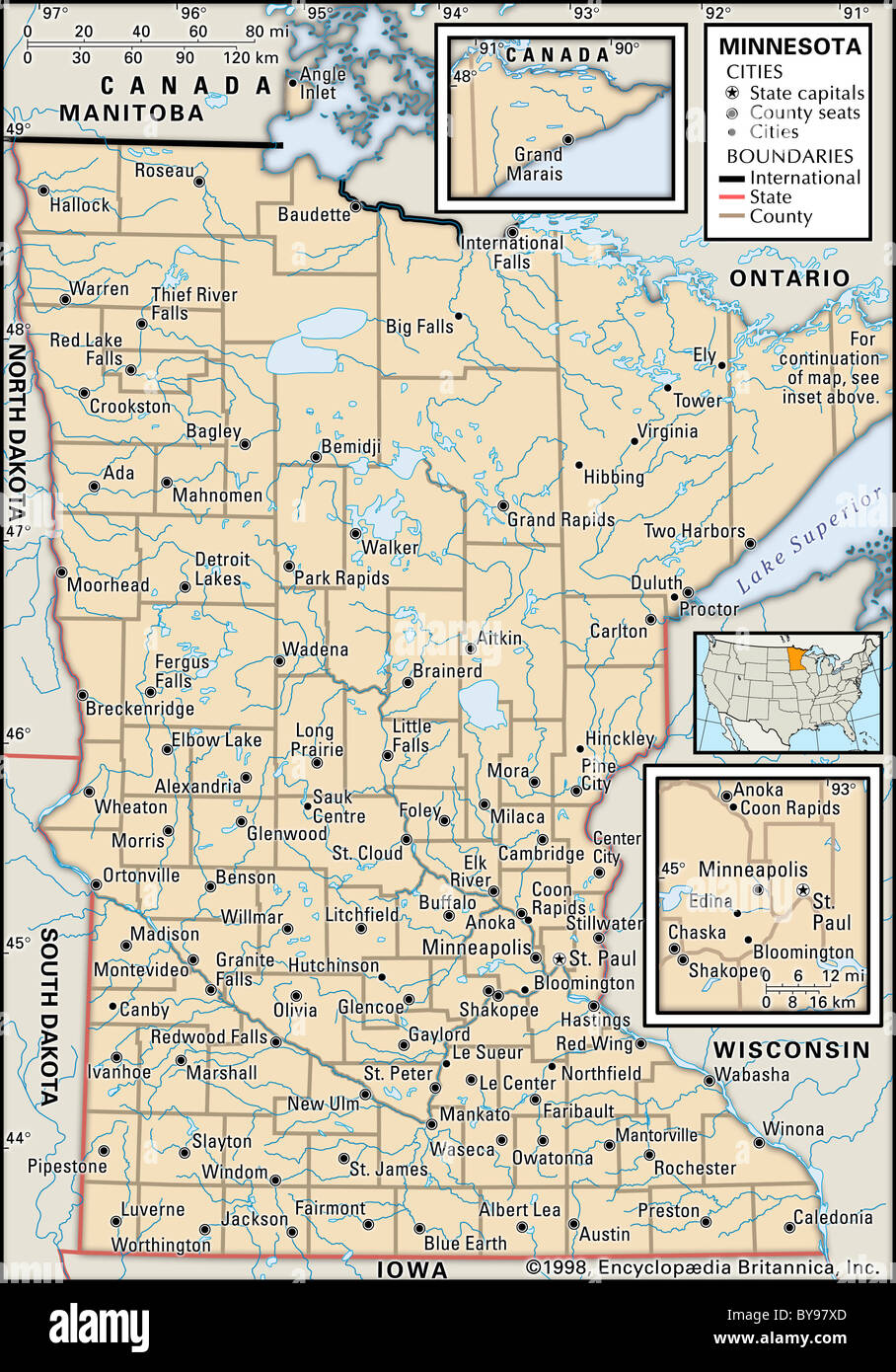 Mappa politico del Minnesota Foto Stock