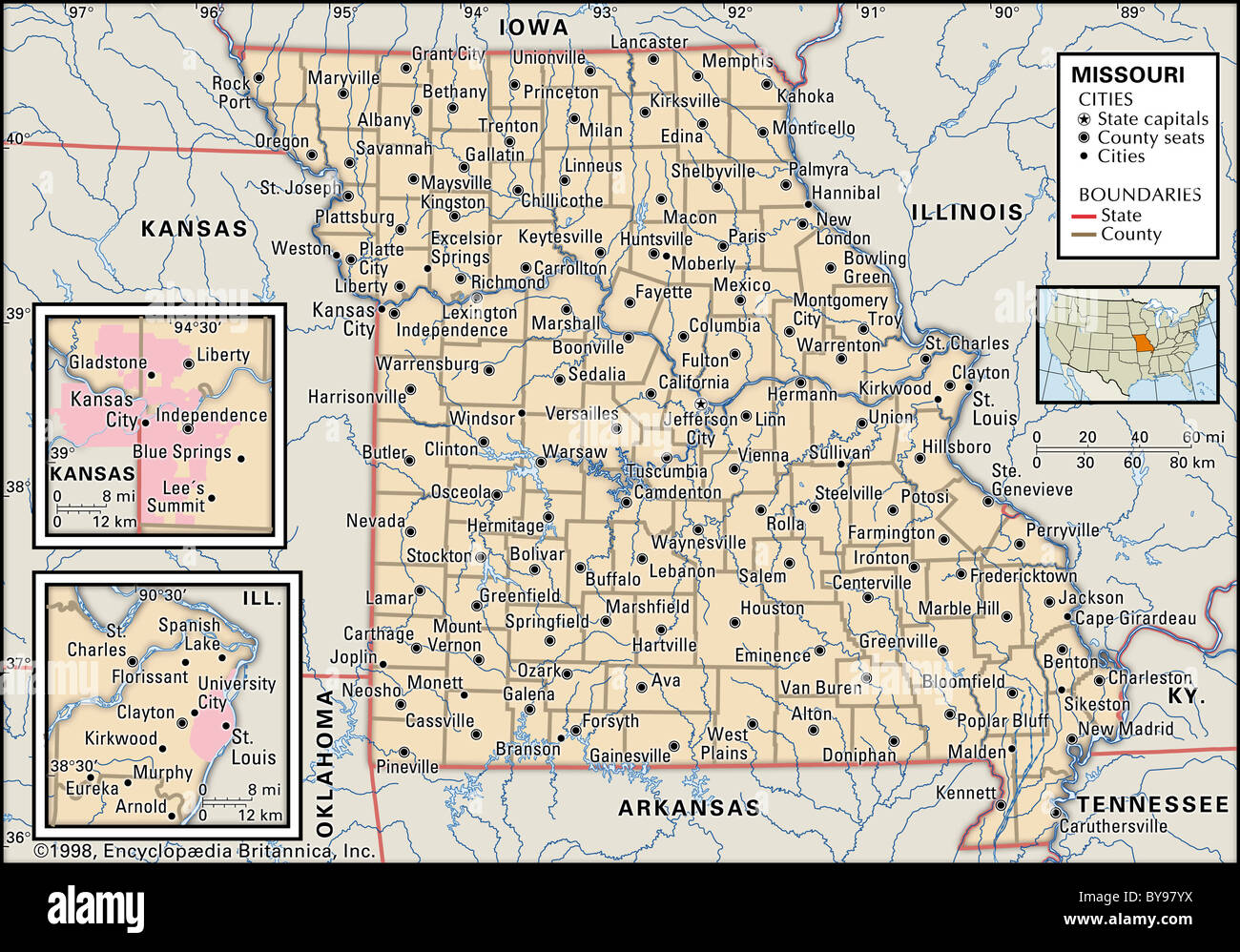 Mappa politico del Missouri Foto Stock