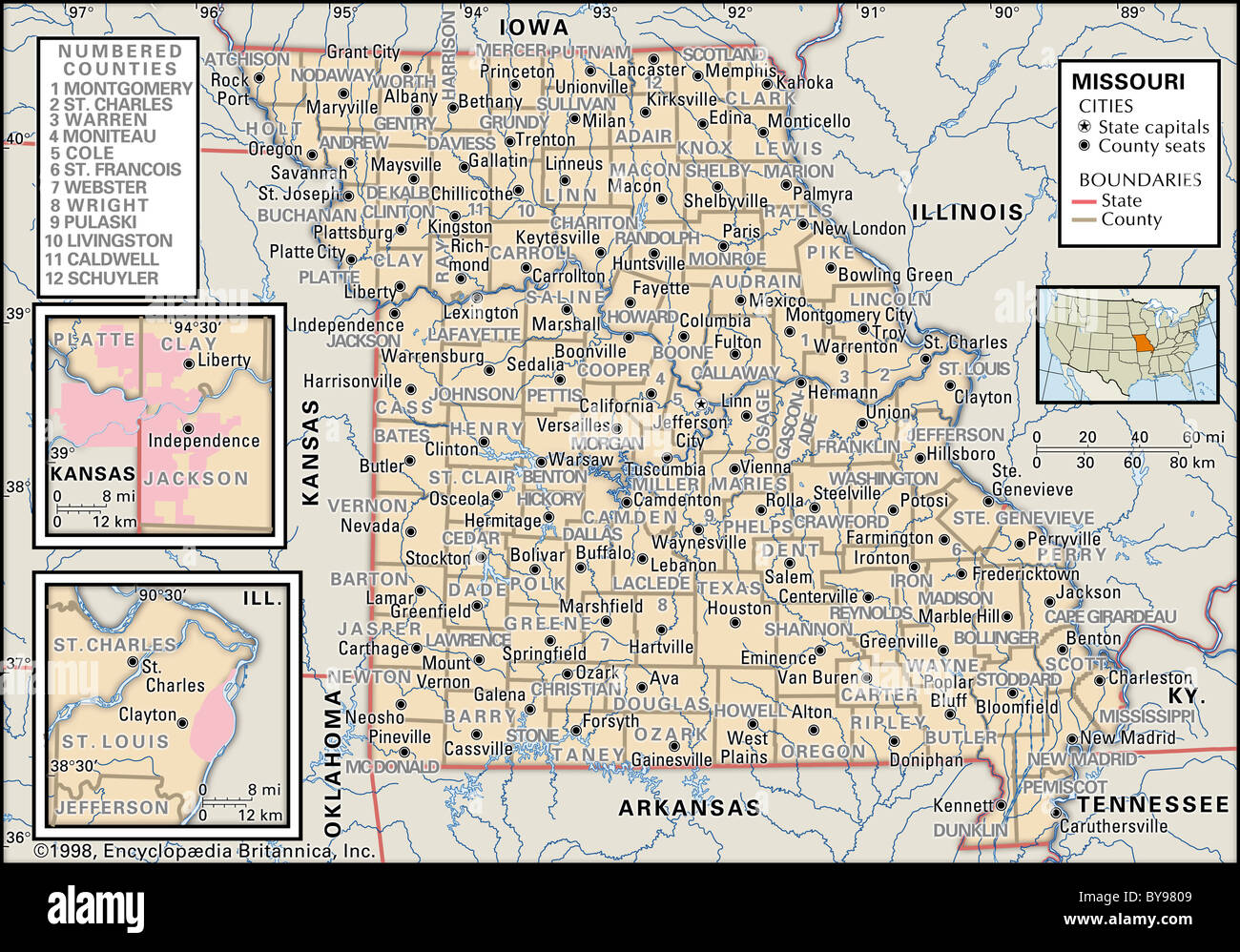 Mappa politico del Missouri Foto Stock
