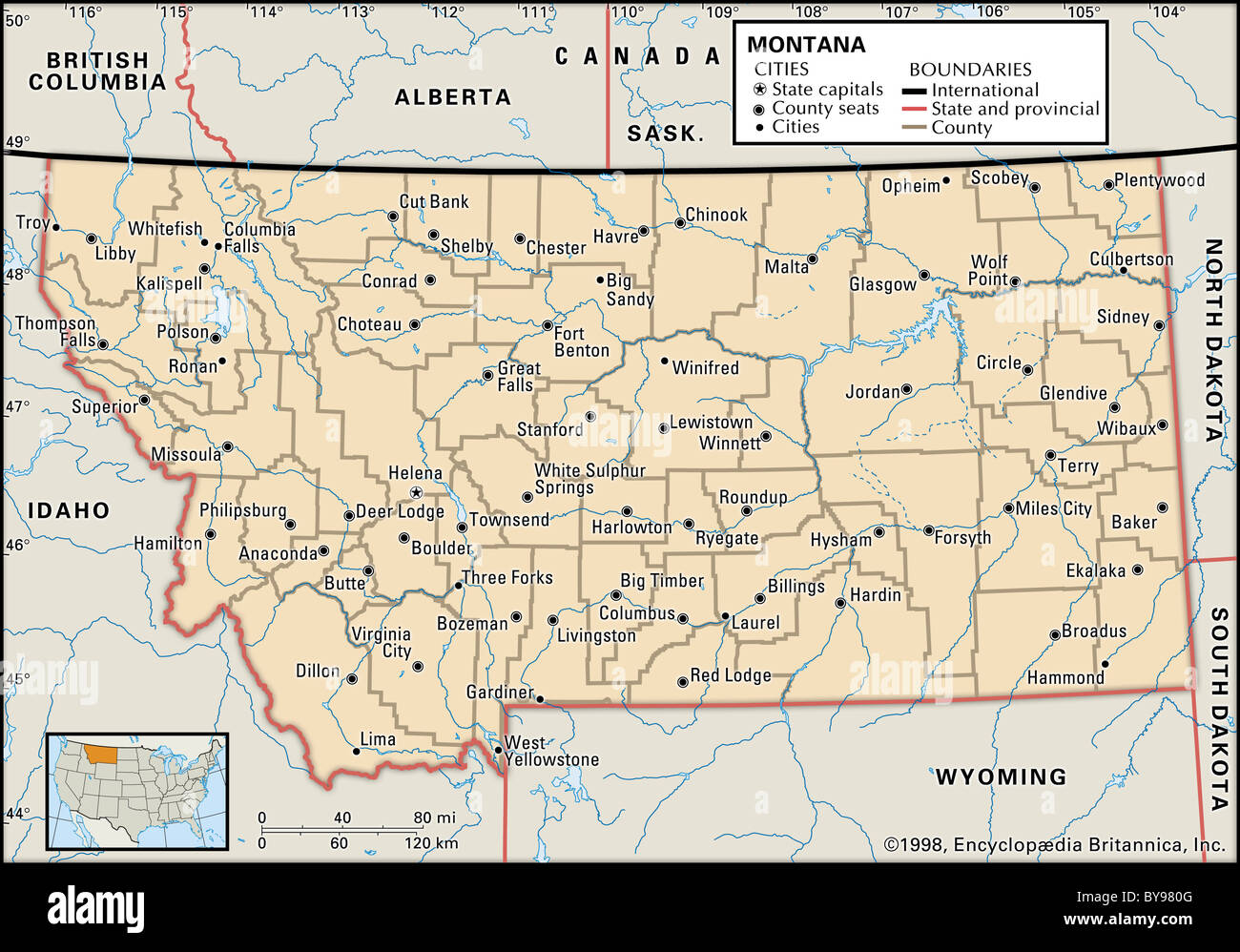 Mappa politico del Montana Foto Stock