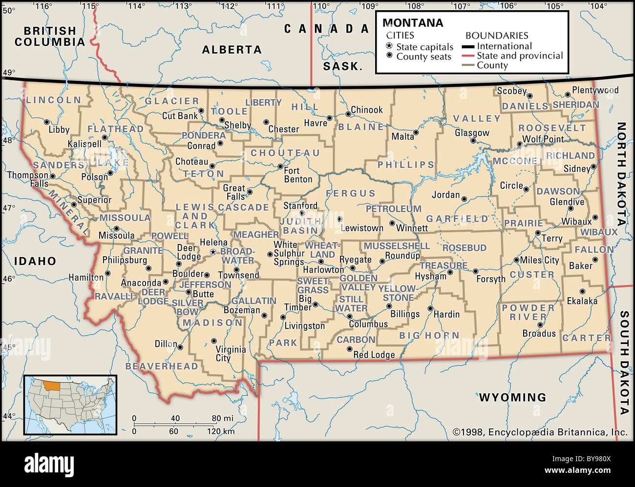 Mappa politico del Montana Foto Stock
