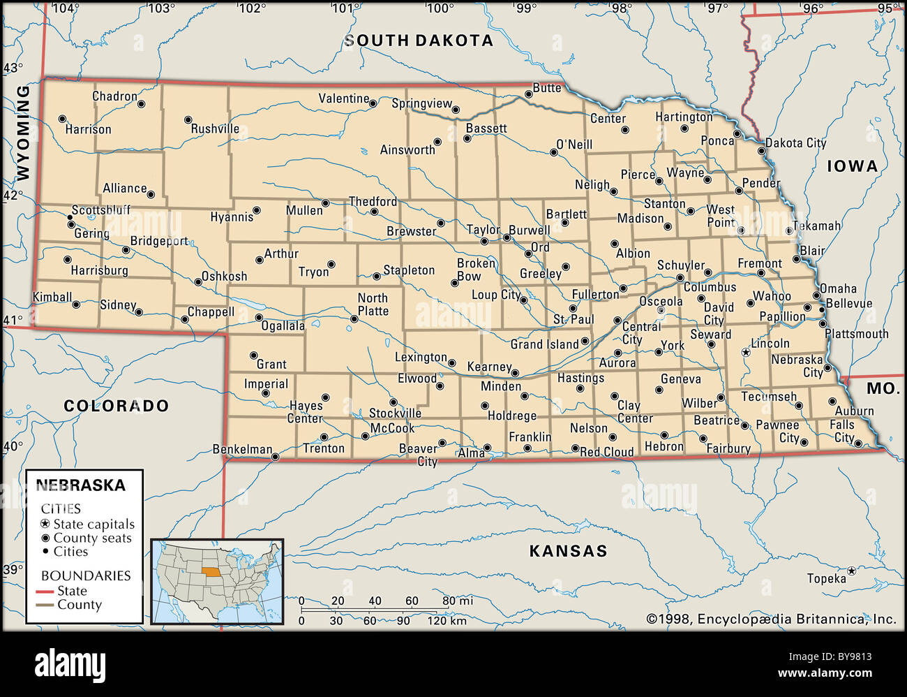 Mappa di Nebraska Foto Stock