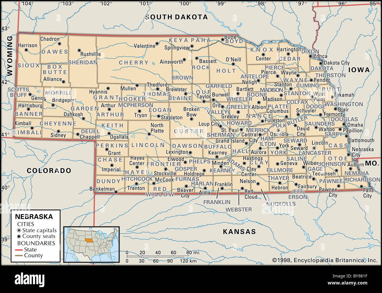 Mappa politico del Nebraska Foto Stock