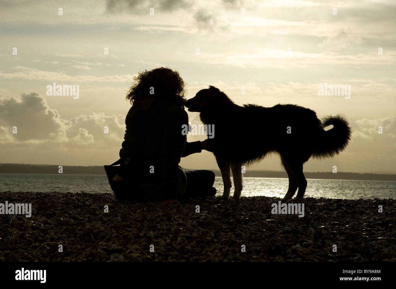 Il proprietario con il cane femmina e proprietario del cane che guarda al mare Costa Gosport, Regno Unito Foto Stock