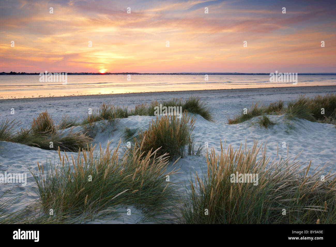 Luce della Sera sulle dune di sabbia ad est di testa. Una spiaggia di sabbia e ciottoli spit situato all'entrata del porto di Chichester Foto Stock