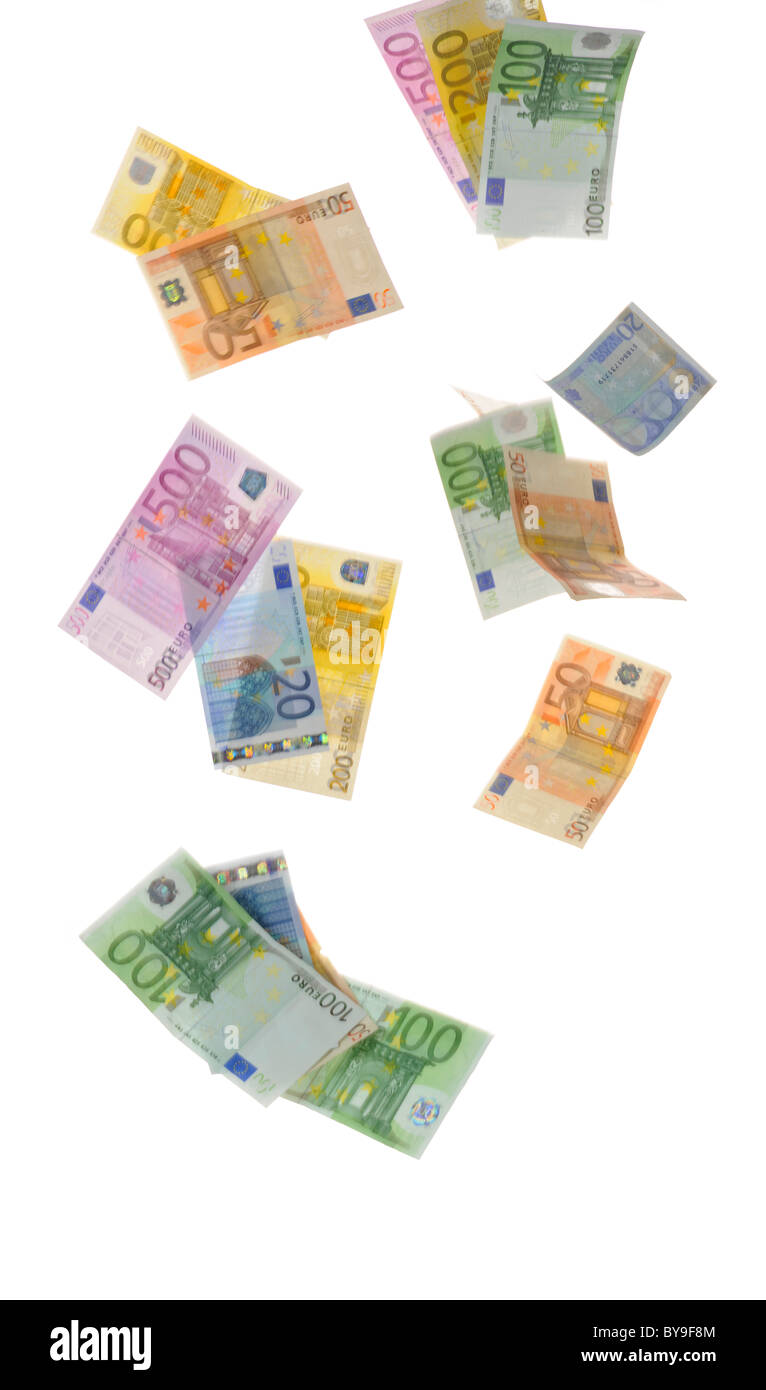La pioggia di banconote in euro, immagine simbolica per la concessione di un aiuto finanziario Foto Stock