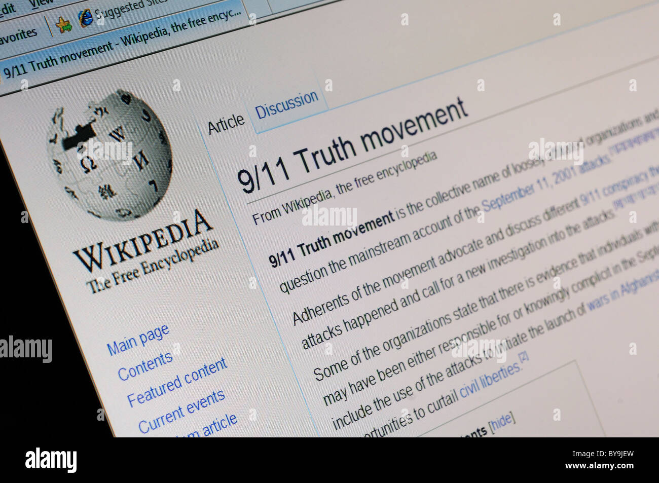 Una ricerca di Wikipedia per la verità 9/11 di circolazione Foto Stock