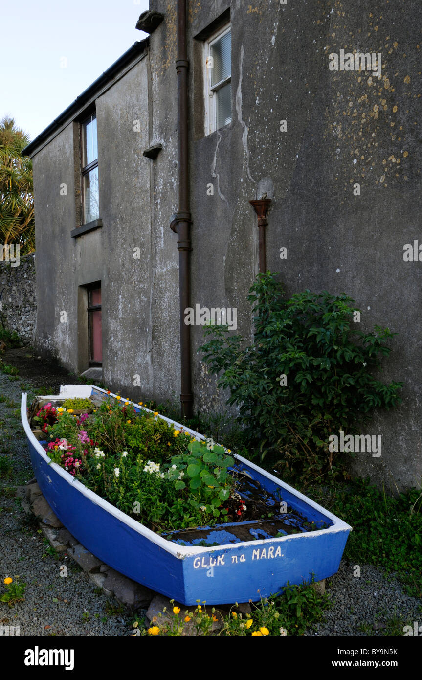 Piccola barca a remi utilizzata come un fiore pianta display biancheria da letto letto contenitore pot insolito differenti giardinaggio giardino urbano della città della città Foto Stock
