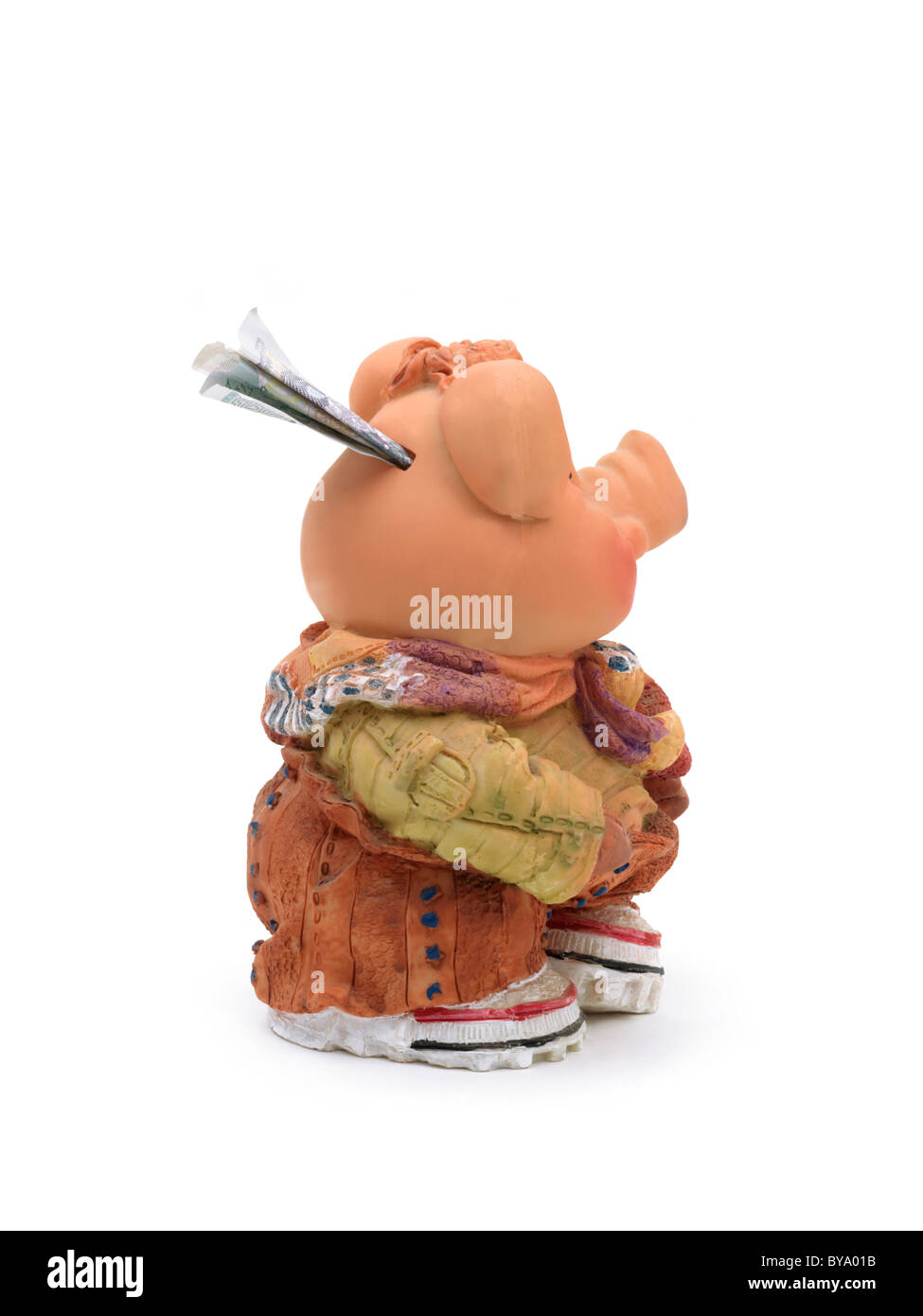 Cinque Pound nota nel salvadanaio Foto Stock