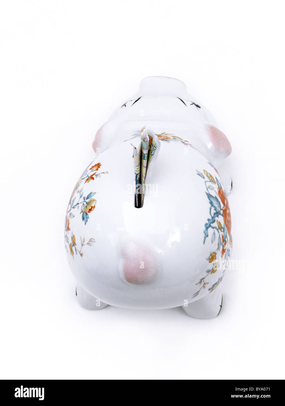 Cinque Pound nota nel salvadanaio Foto Stock