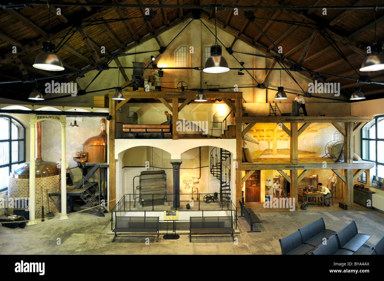 Panorama, modello a grandezza della storica Pilsner Urquell, la fabbrica di birra Pilsen, Boemia, Repubblica Ceca, Europa Foto Stock