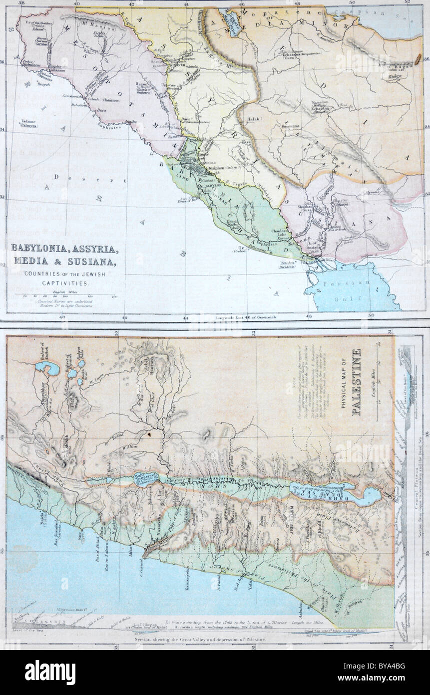 Due mappe in una vecchia Bibbia uno che mostra Babylonia, Assiria, Media e Susiana Paesi dell'Captivities ebraica Foto Stock