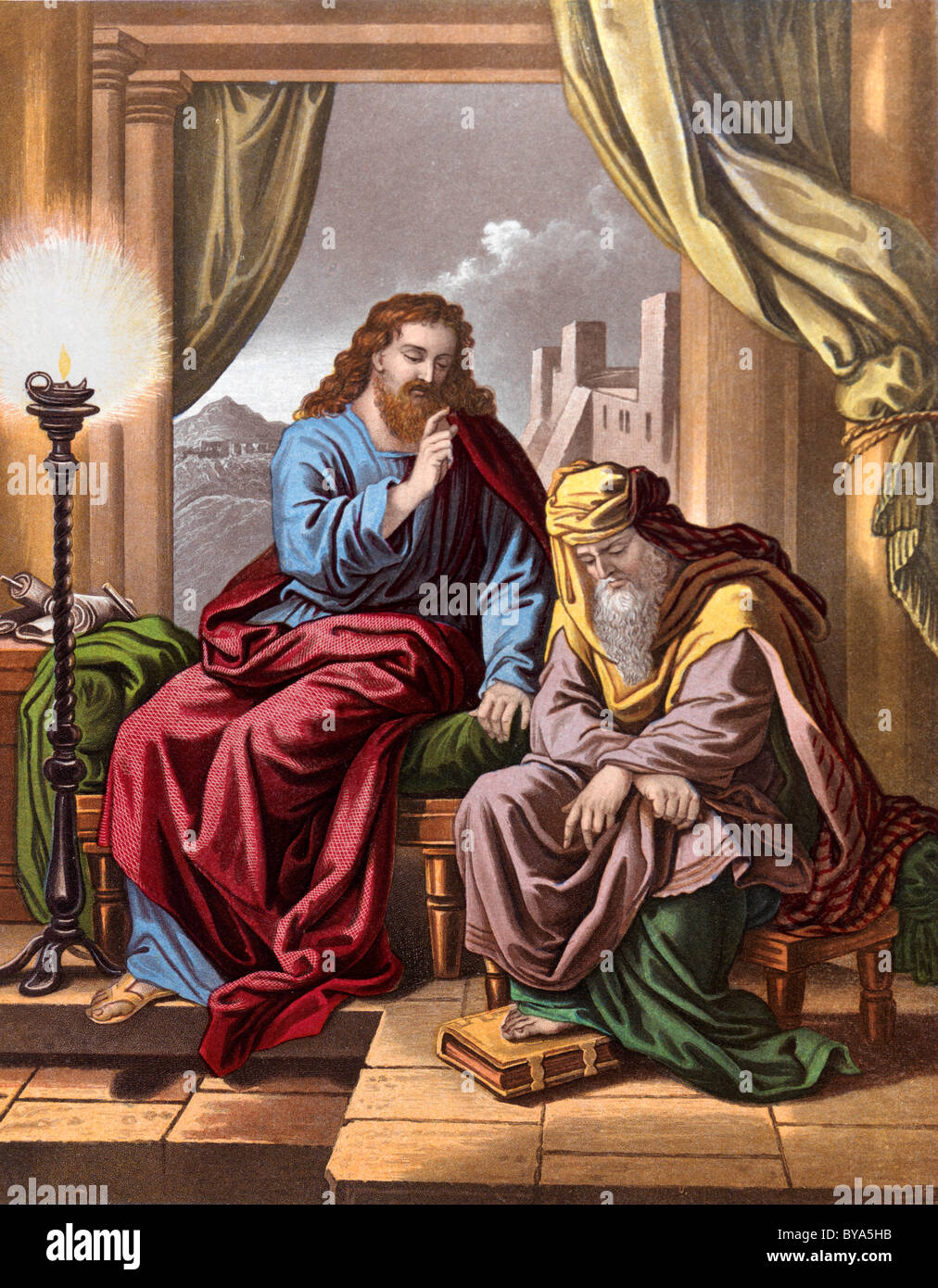 Storie della Bibbia illustrazione del Salvatore che insegna Nicodemo Vangelo di Giovanni Foto Stock